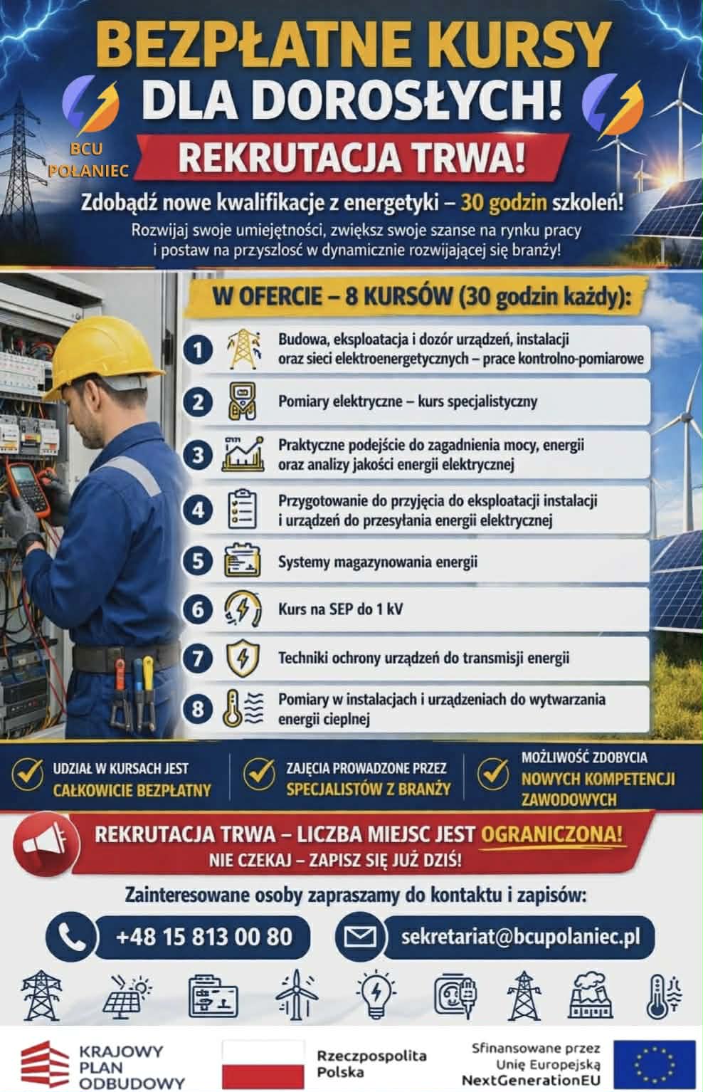 Branżowe Centrum Umiejętności w dziedzinie Energetyka w Połańcu zaprasza  na bezpłatne szkolenia kończące się uzyskaniem uprawnień SEP Stowarzyszenie Elektryków Polskich image